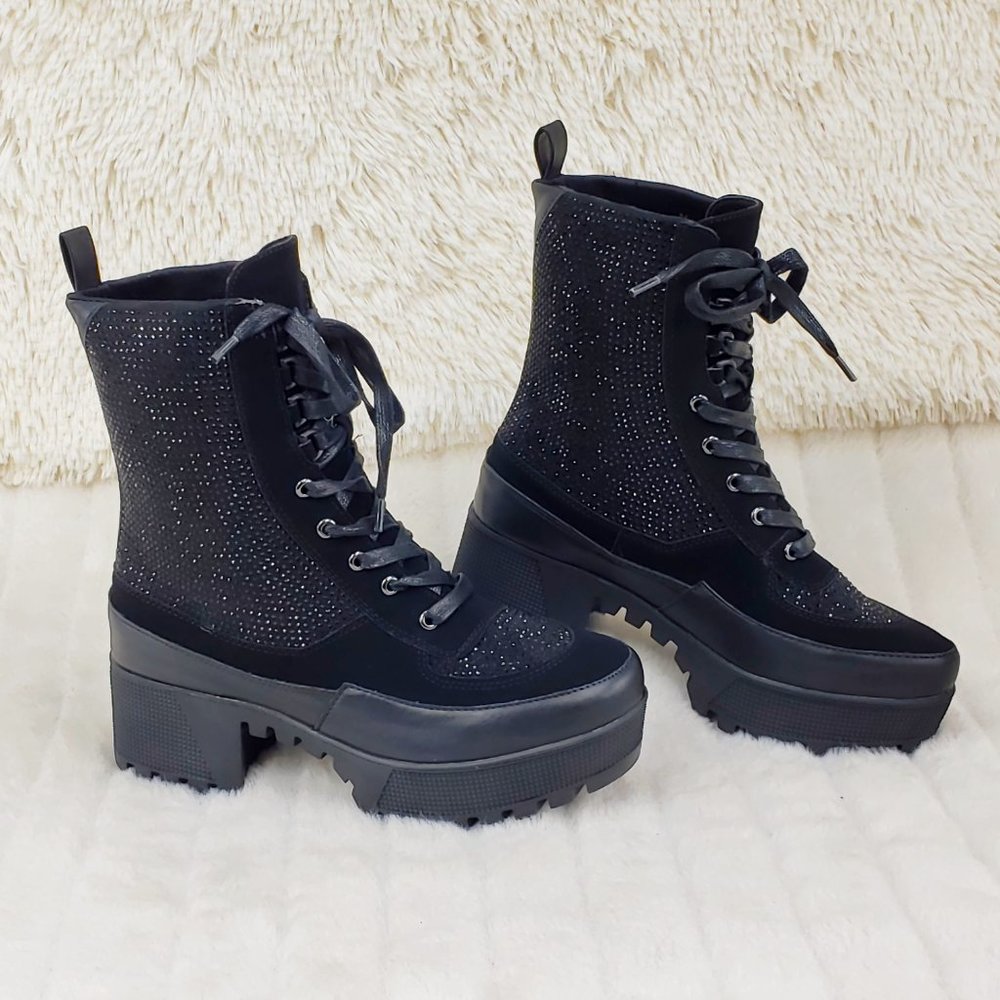 Diva Shine Black Rhinestone Platform Combat Ankle Boots - Picture 11 of 12
